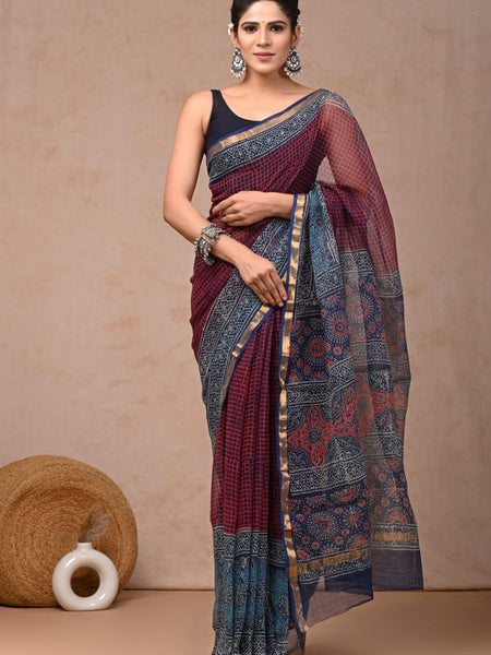 RangBagru Hand Block Printed Kota Doriya Saree with Blouse Piece
