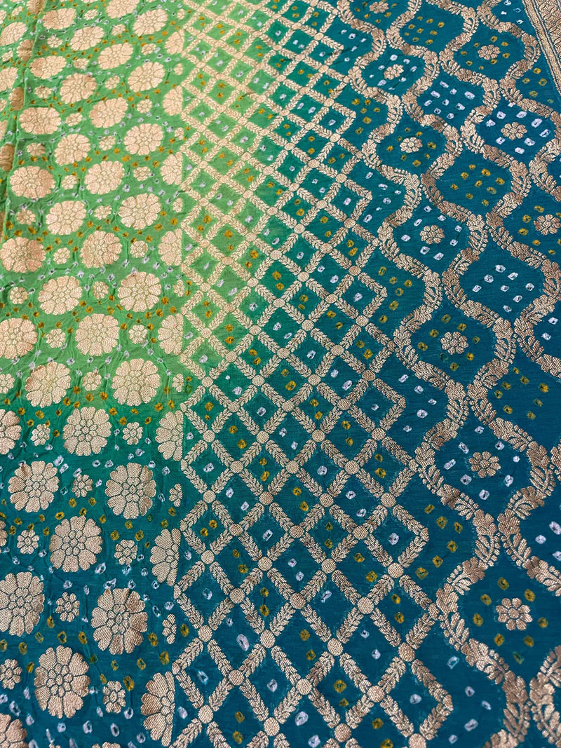 Bandhani Dupatta-Gharchola and Neemjhari print (Blue - Green)