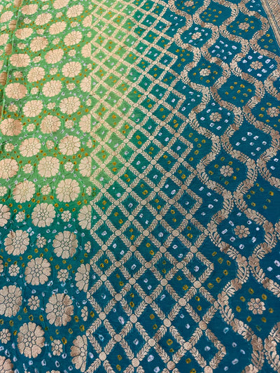Bandhani Dupatta-Gharchola and Neemjhari print (Blue - Green)