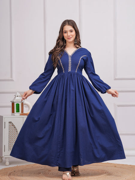 Neelrang – Royal Blue Handworked Cotton Anarkali Set
