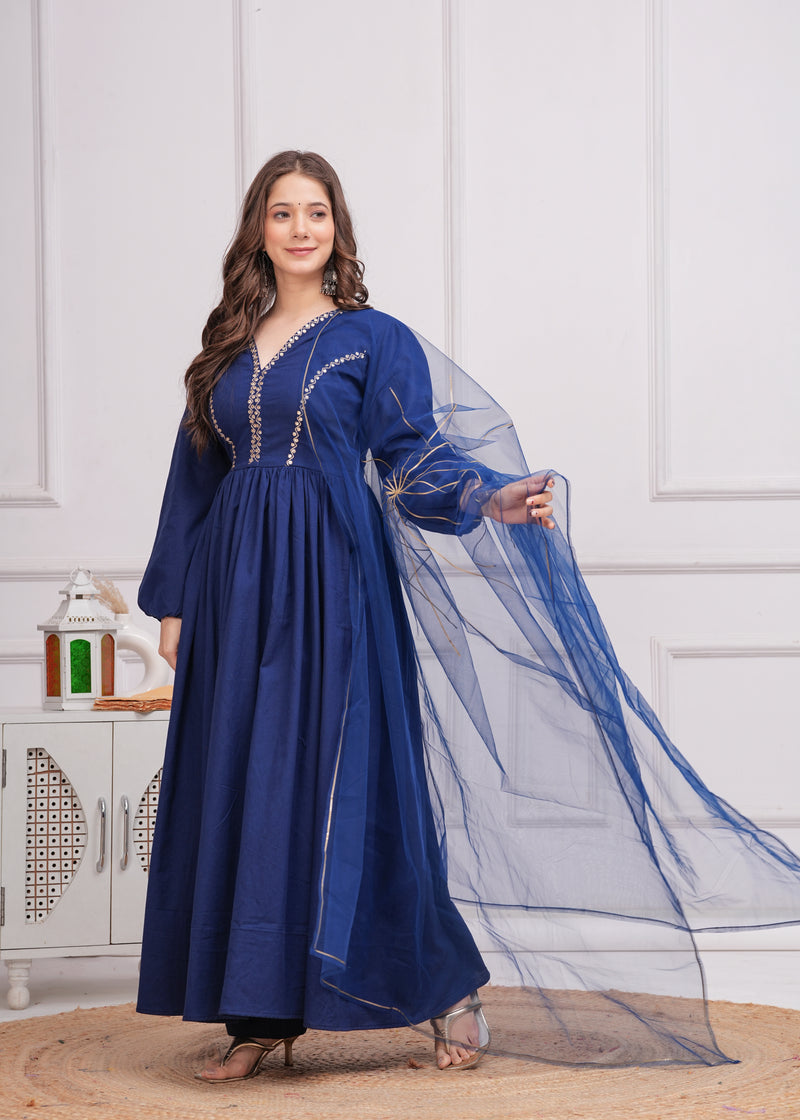 Neelrang – Royal Blue Handworked Cotton Anarkali Set
