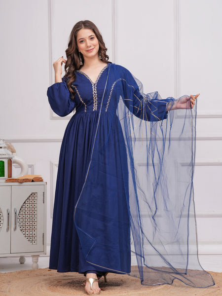 Neelrang – Royal Blue Handworked Cotton Anarkali Set