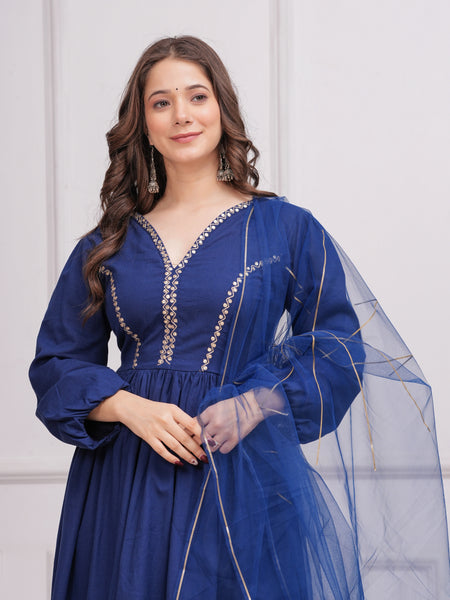 Neelrang – Royal Blue Handworked Cotton Anarkali Set