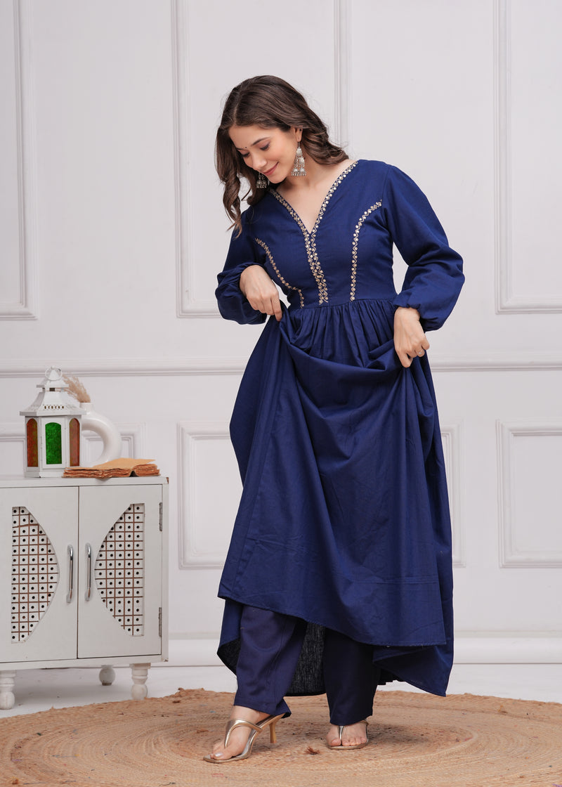 Neelrang – Royal Blue Handworked Cotton Anarkali Set