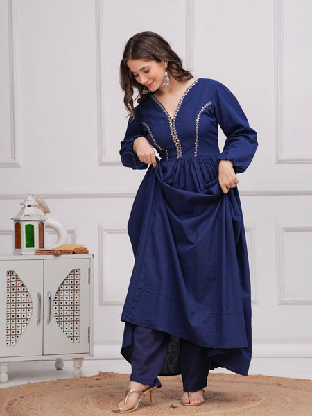 Neelrang – Royal Blue Handworked Cotton Anarkali Set