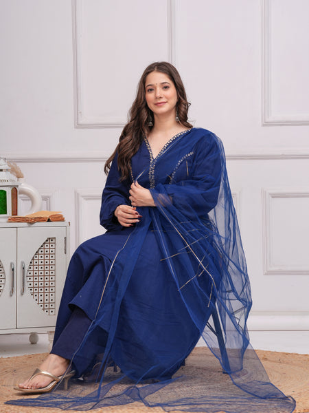 Neelrang – Royal Blue Handworked Cotton Anarkali Set