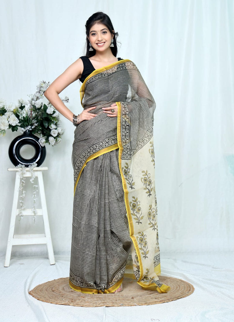 RangBagru Hand Block Printed Kota Doriya Saree with Blouse Piece