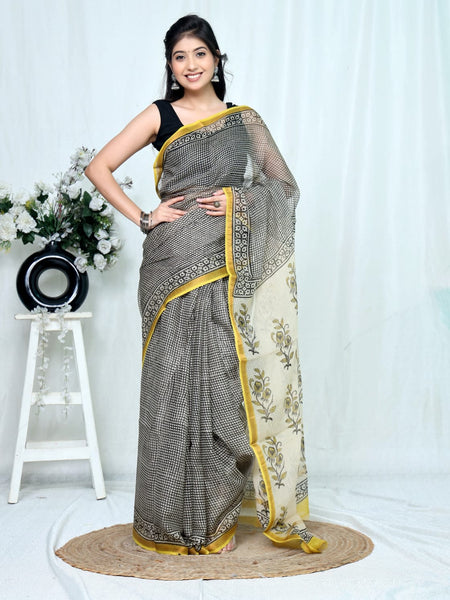RangBagru Hand Block Printed Kota Doriya Saree with Blouse Piece
