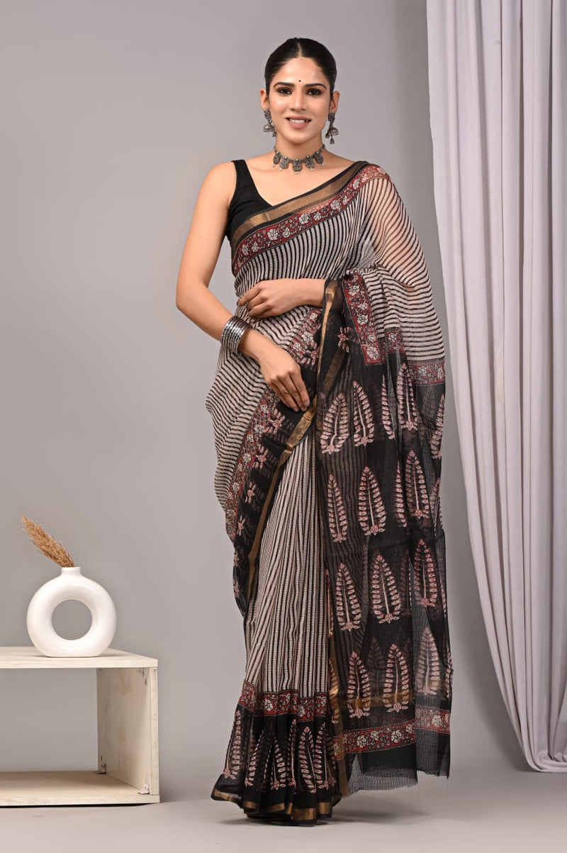 RangBagru Hand Block Printed Kota Doriya Saree with Blouse Piece
