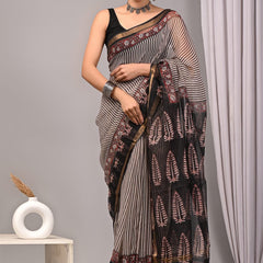 RangBagru Hand Block Printed Kota Doriya Saree with Blouse Piece