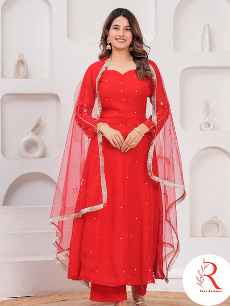 🌶️🌶️ Gulnar” – Red Gota Handworked Georgette Anarkali Set