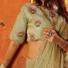 Mint Elegance – Embroidered Silk Saree with Intricate Floral Handwork