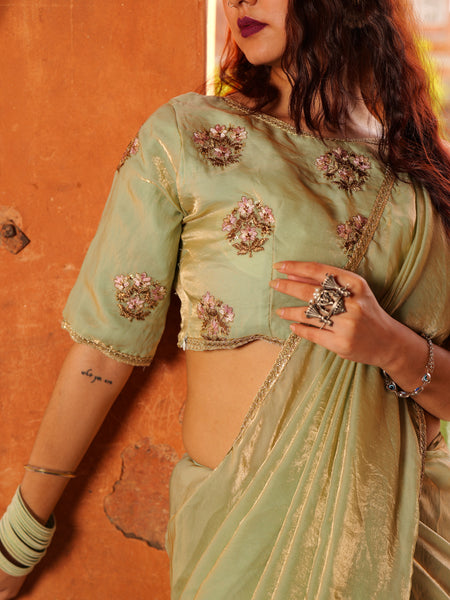 Mint Elegance – Embroidered Silk Saree with Intricate Floral Handwork