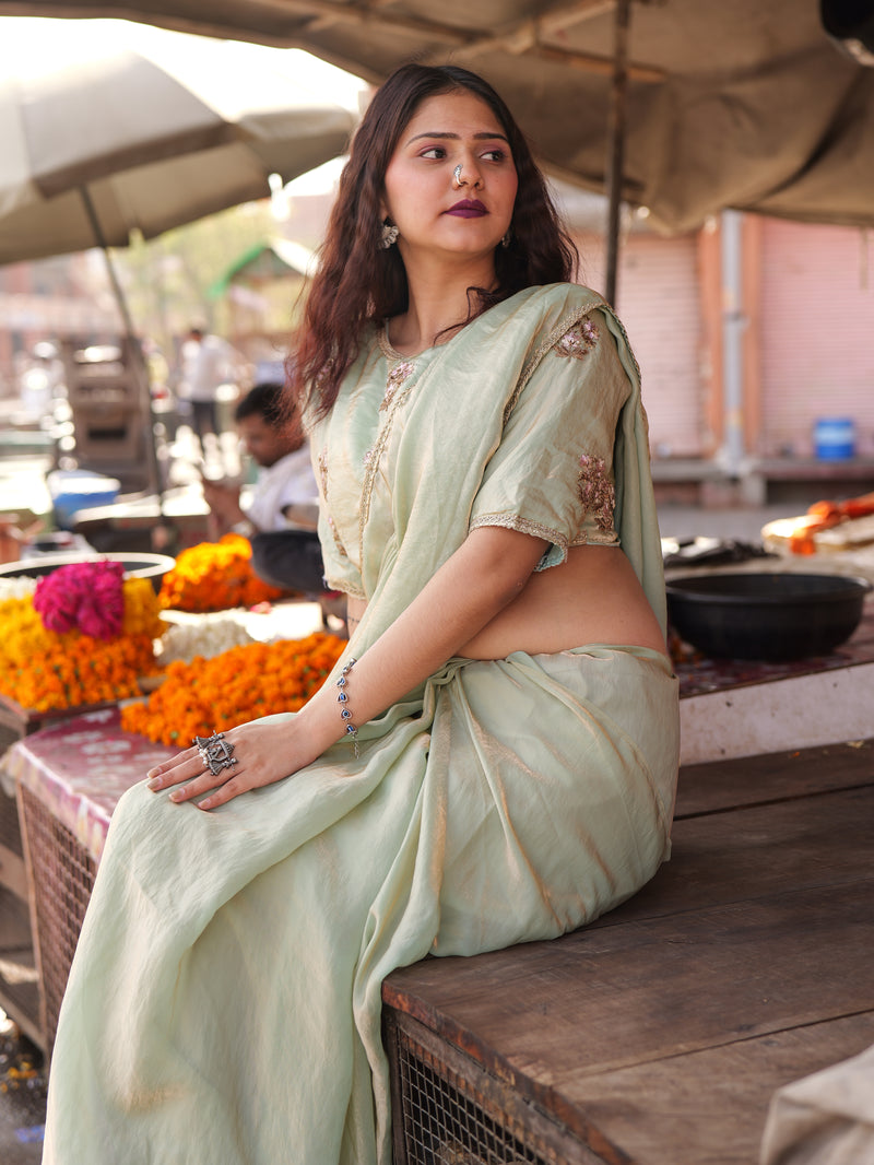 Mint Elegance – Embroidered Silk Saree with Intricate Floral Handwork