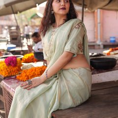 Mint Elegance – Embroidered Silk Saree with Intricate Floral Handwork
