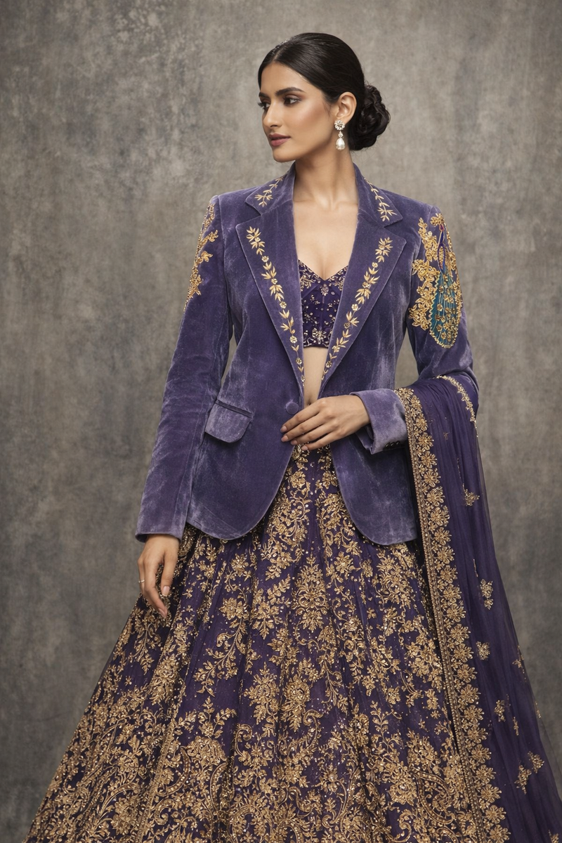 Women Lavender Velvet Embroidered Blazer