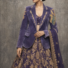 Women Lavender Velvet Embroidered Blazer