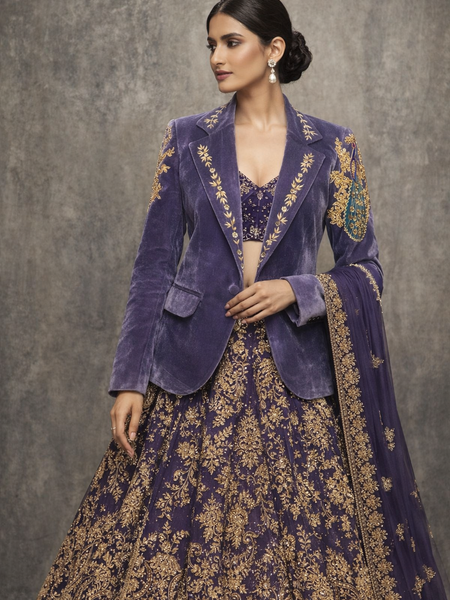 Women Lavender Velvet Embroidered Blazer