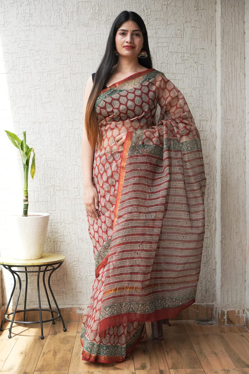 RangBagru Hand Block Printed Kota Doriya Saree with Blouse Piece