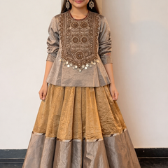 Antique Hand-Embroidered Peplum Kurti with Flared Lehenga Set