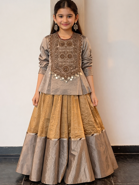 Antique Hand-Embroidered Peplum Kurti with Flared Lehenga Set
