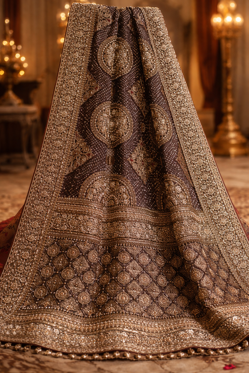 Royal Zari Heritage Bridal Dupatta– Antique Gold Handcrafted Elegance