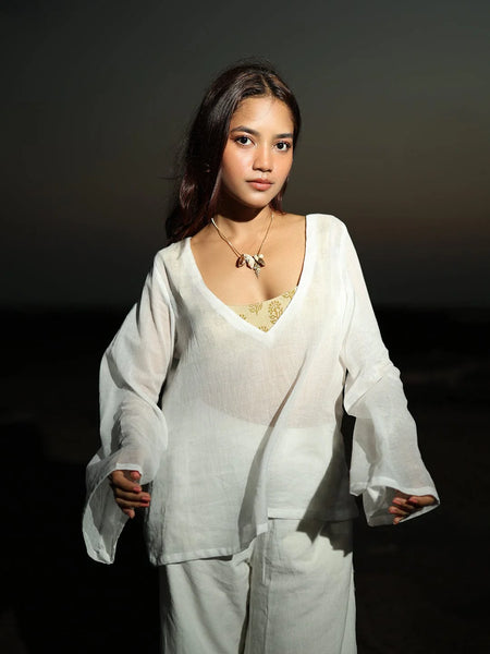 Women White Mul Cotton Sheer Top
