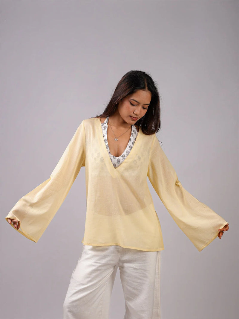 Women Light Yellow Mul Cotton Sheer Top