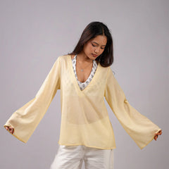 Women Light Yellow Mul Cotton Sheer Top
