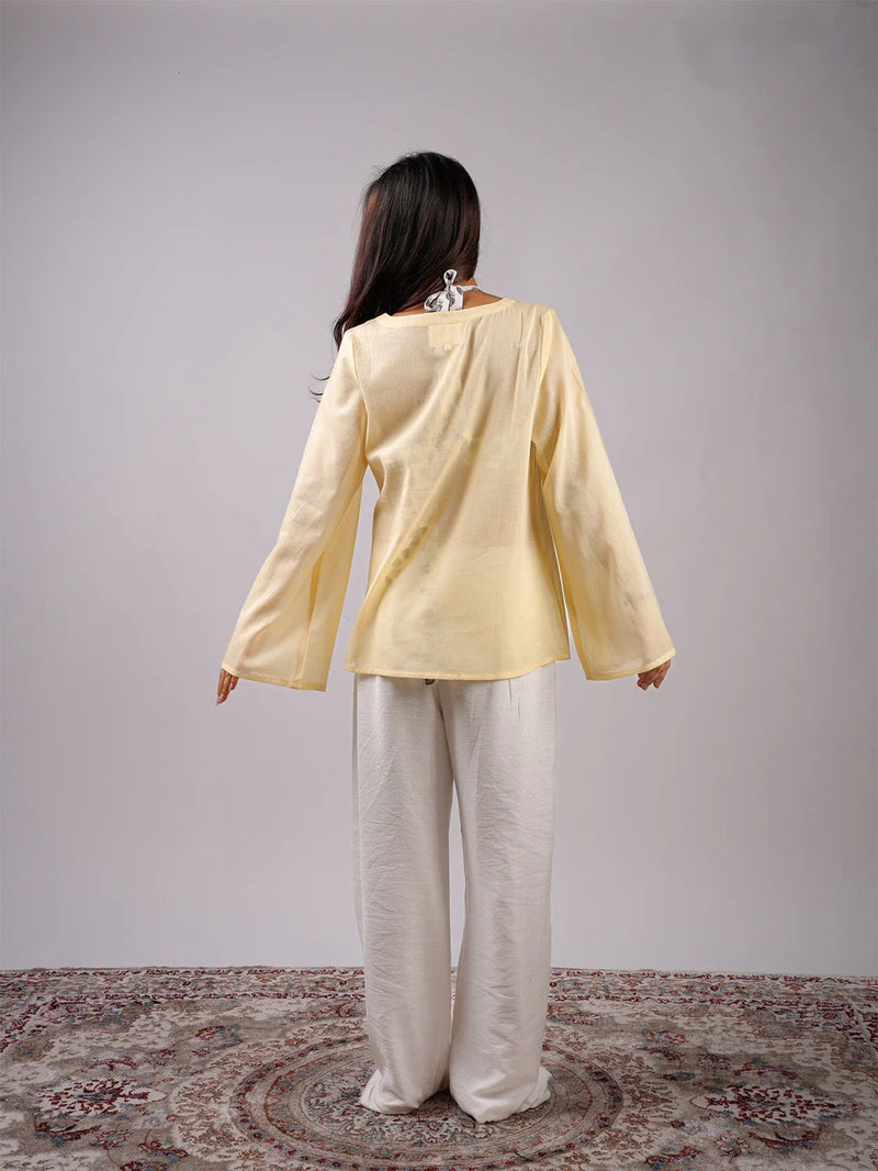 Women Light Yellow Mul Cotton Sheer Top