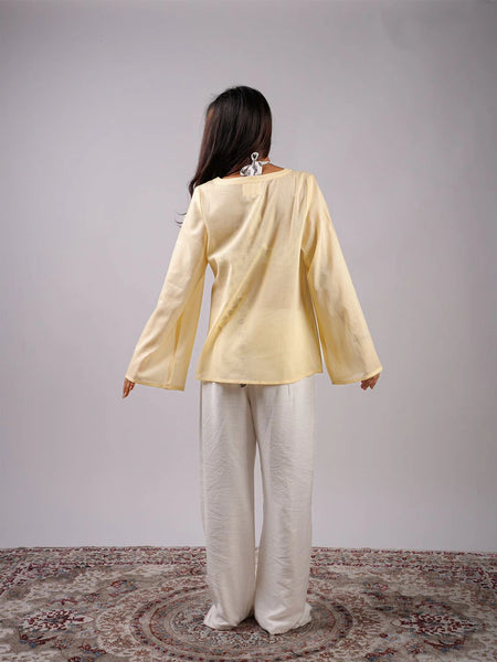 Women Light Yellow Mul Cotton Sheer Top