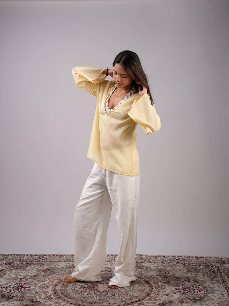 Women Light Yellow Mul Cotton Sheer Top