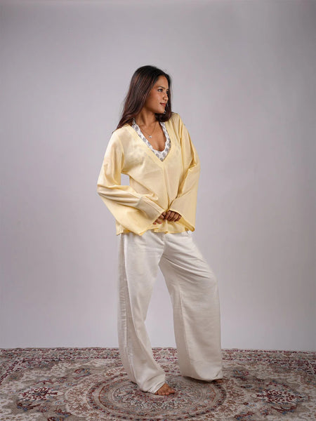 Women Light Yellow Mul Cotton Sheer Top