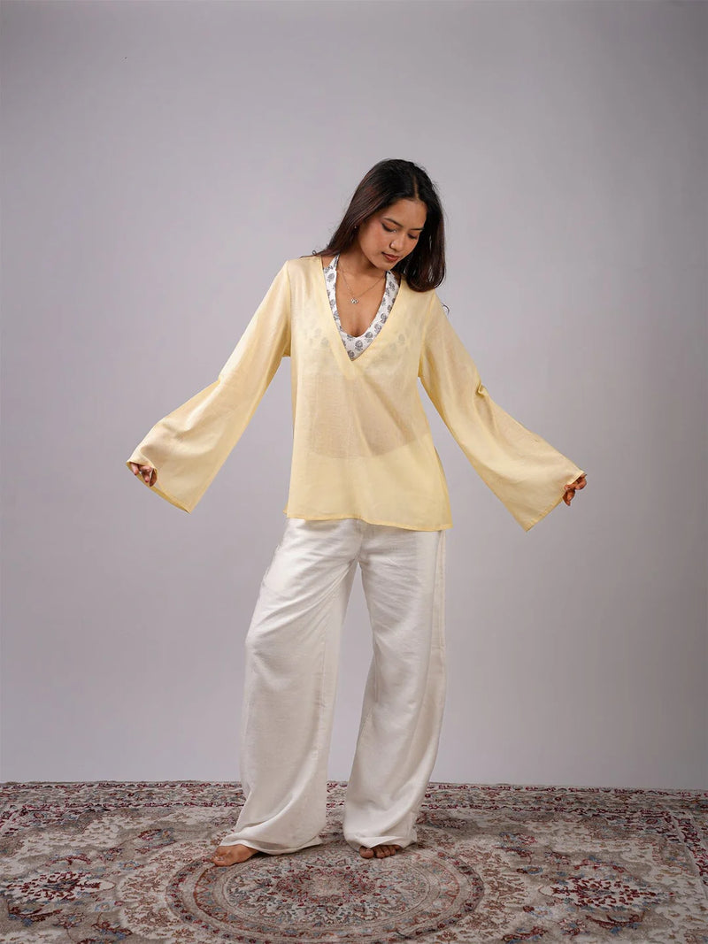 Women Light Yellow Mul Cotton Sheer Top
