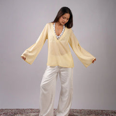 Women Light Yellow Mul Cotton Sheer Top