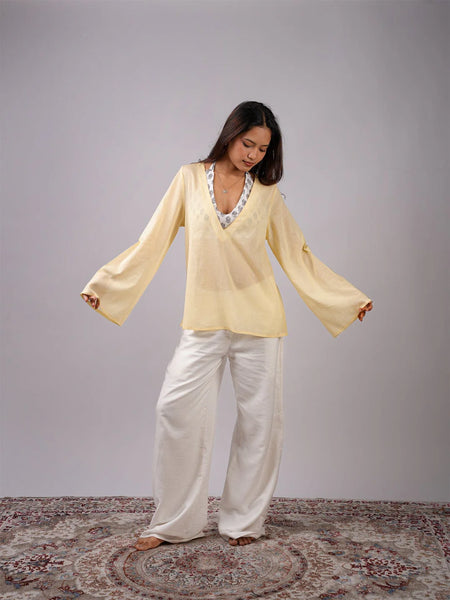 Women Light Yellow Mul Cotton Sheer Top