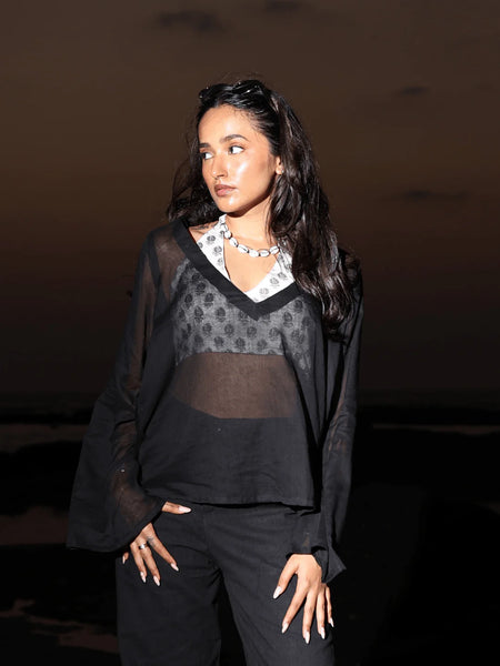 Women Black Mul Cotton Sheer Top