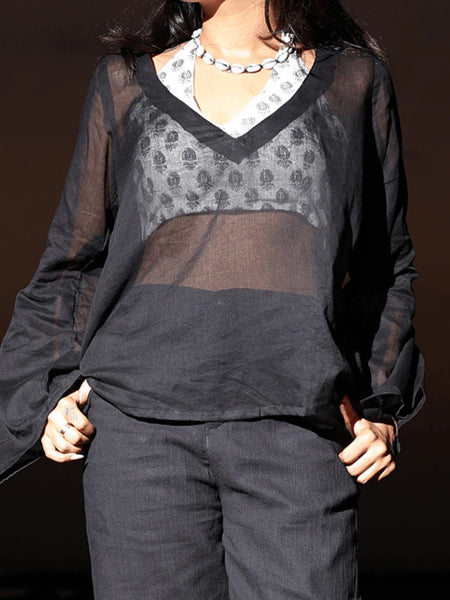 Women Black Mul Cotton Sheer Top