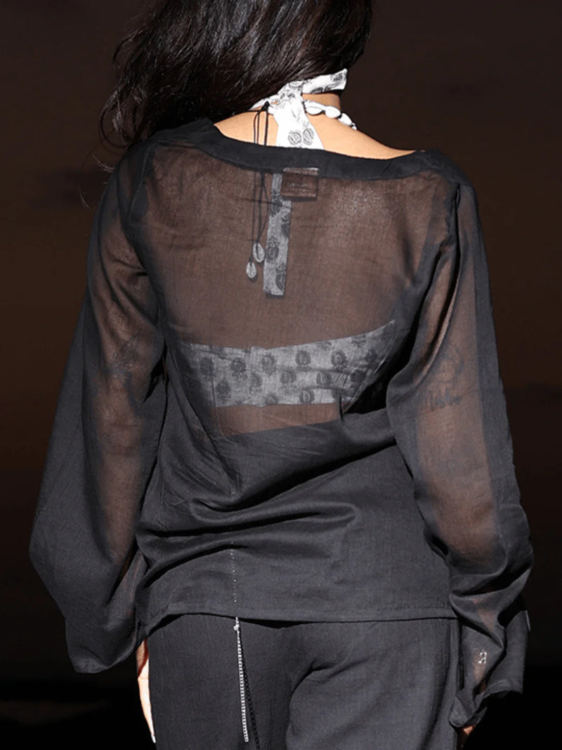 Women Black Mul Cotton Sheer Top
