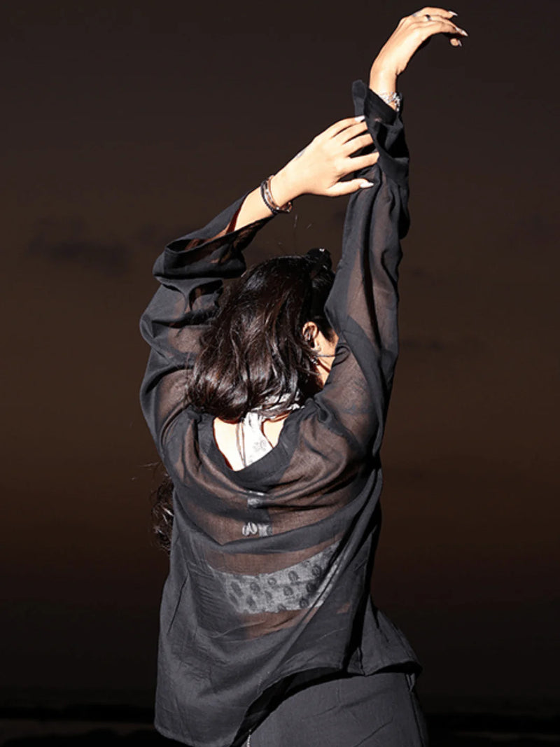 Women Black Mul Cotton Sheer Top