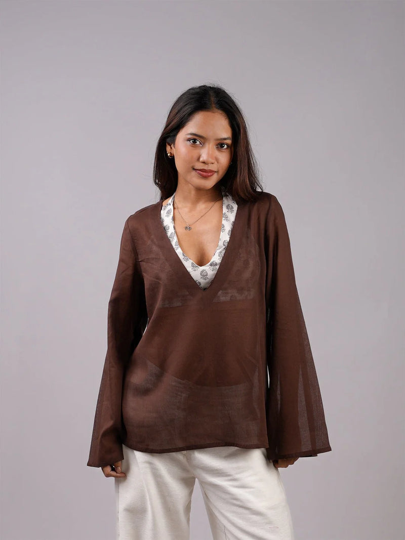 Women Brown Mul Cotton Sheer Top