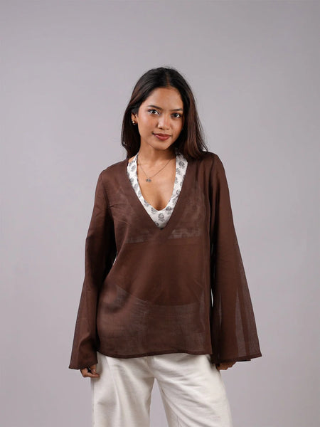 Women Brown Mul Cotton Sheer Top