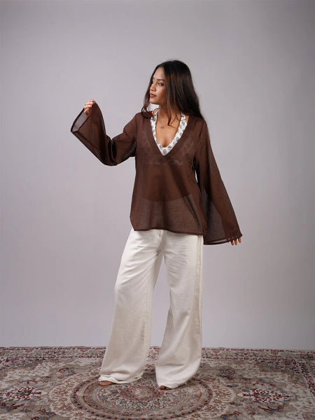 Women Brown Mul Cotton Sheer Top