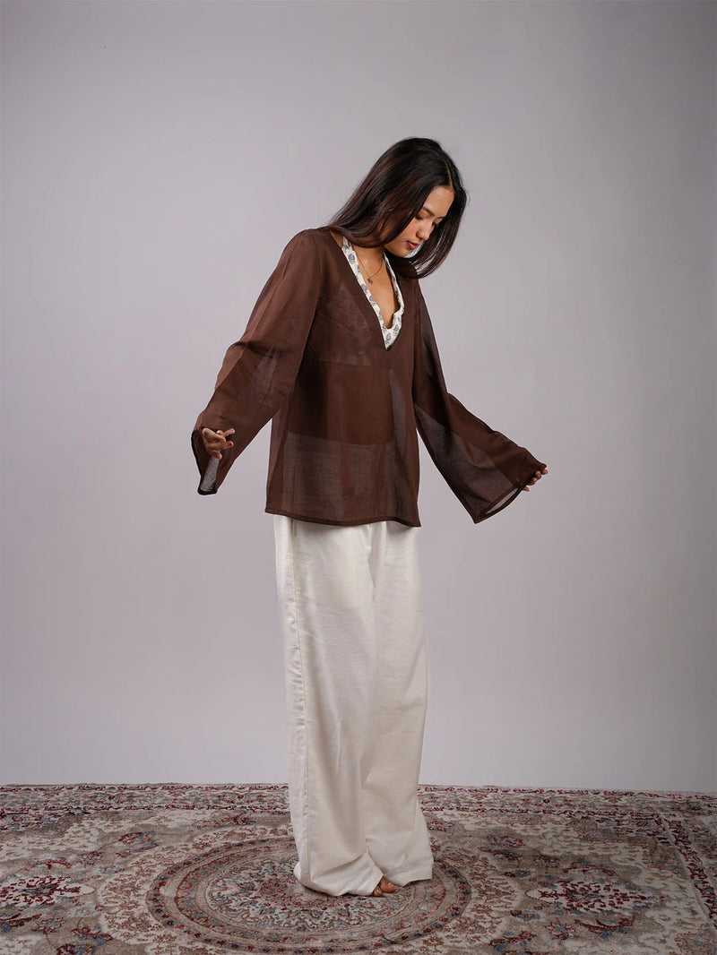 Women Brown Mul Cotton Sheer Top