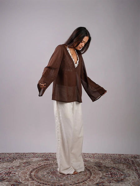 Women Brown Mul Cotton Sheer Top