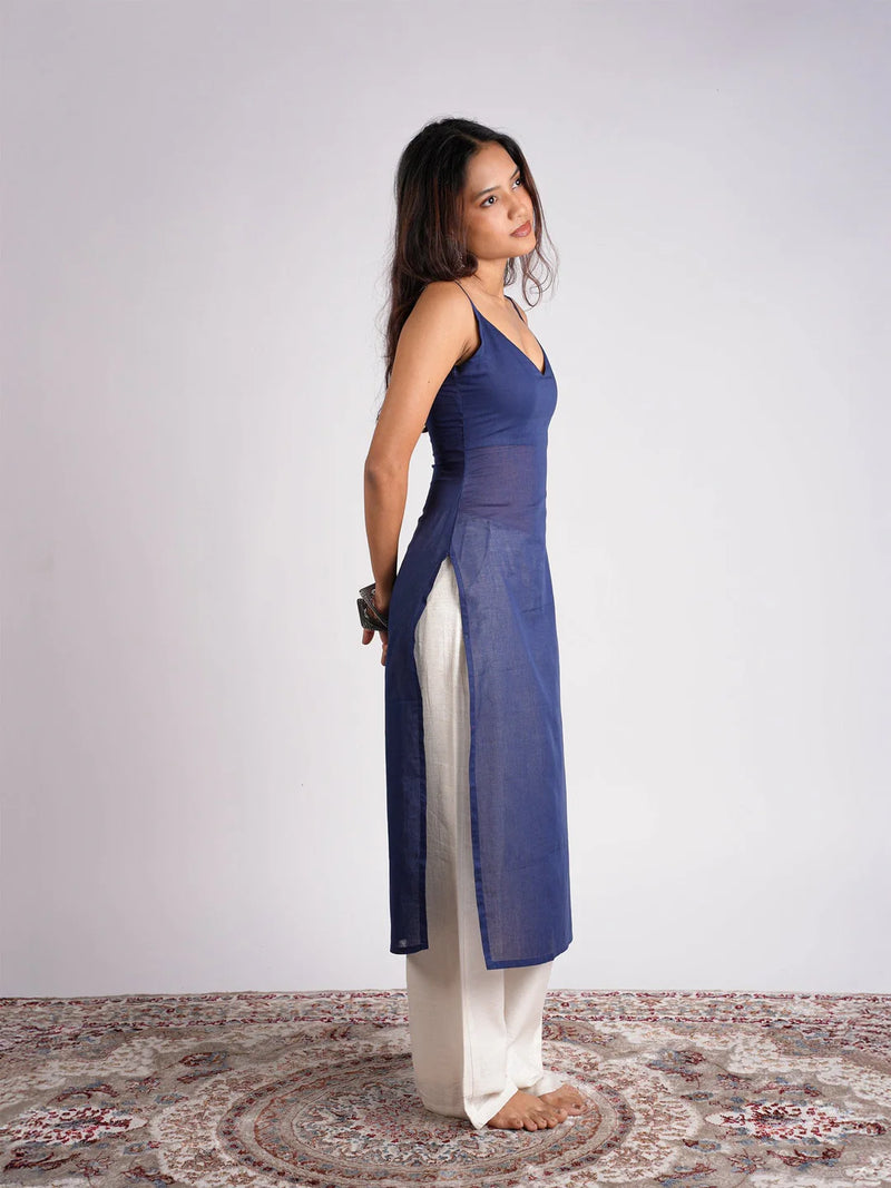Women Royal Blue Layered Mul Cotton Kurta