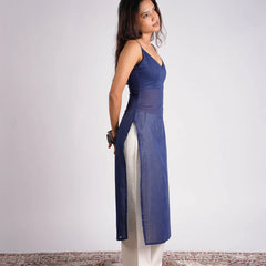 Women Royal Blue Layered Mul Cotton Kurta