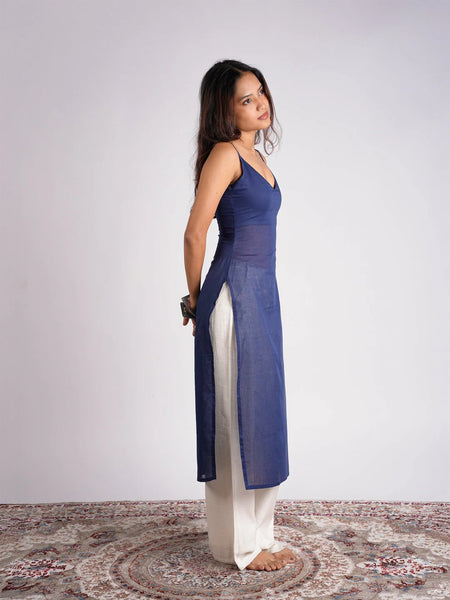 Women Royal Blue Layered Mul Cotton Kurta