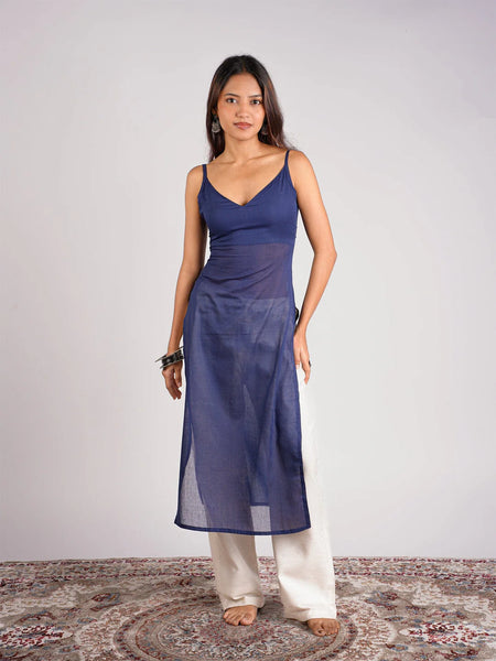Women Royal Blue Layered Mul Cotton Kurta