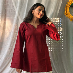Women Maroon Solid Cotton Short Kurta